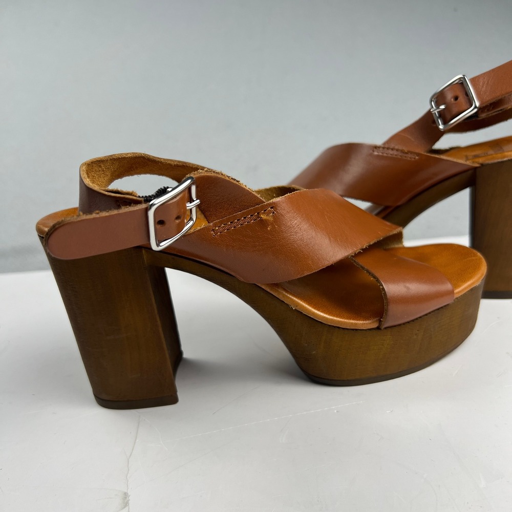 Brown Leather Wood Block Heel Boho Retro Platform Sandals Made in Italy Size 7 - Picture 12 of 16
